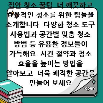 집안 청소 꿀팁  더 깨끗하고 효율적인 청소를 위한 팁들을 소개합니다  다양한 청소 도구 사용법과 공간별 맞춤 청소 방법 등 유용한 정보들이 가득해요  시간 절약과 청소 효율을 높이는 방법을 알아보고  더욱 쾌적한 공간을 만들어 보세요